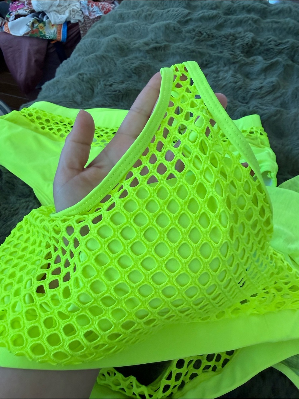 Neon Yellow Green Mesh XL Bikini Set with Sheer Oversized Large Cover-Up Shirt - Picture 3 of 6